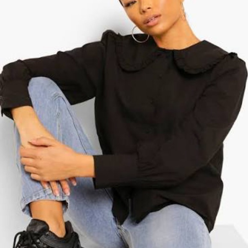 SOLD Boohoo Black Ruffled Collar Blouse